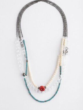 Lee Angel Women's Multi Bead Triple Strand Fireball Silver Link Necklace NIP 250